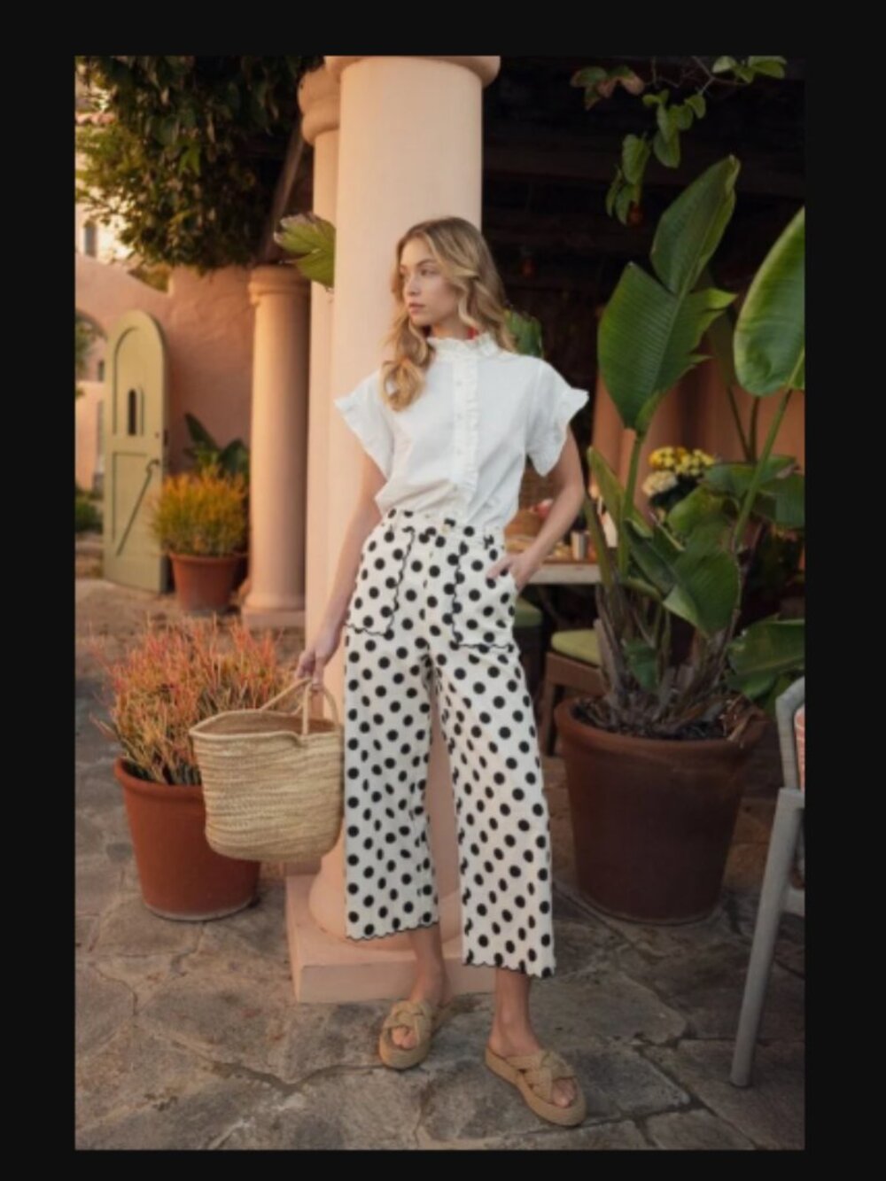JODIFL White Wide Leg Pants with Brown Polka Dots Scalloped Hem and Pockets